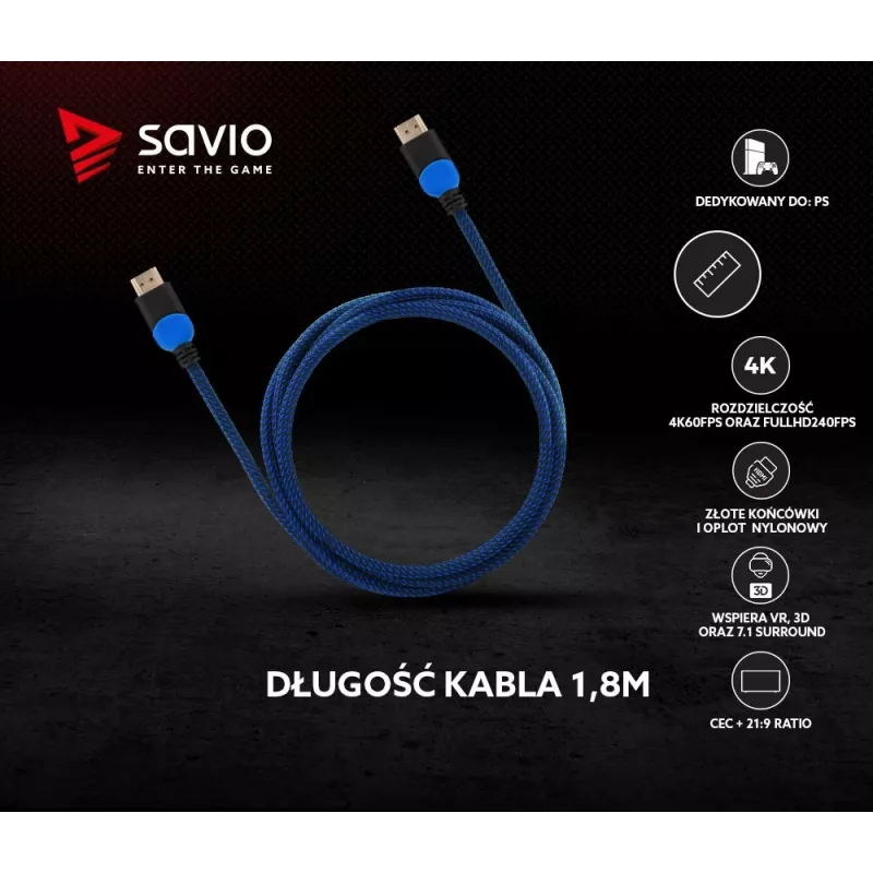 Savio GCL-02 HDMI kabelis 1,8 m HDMI A tipo (standartinis) juoda, mėlyna
