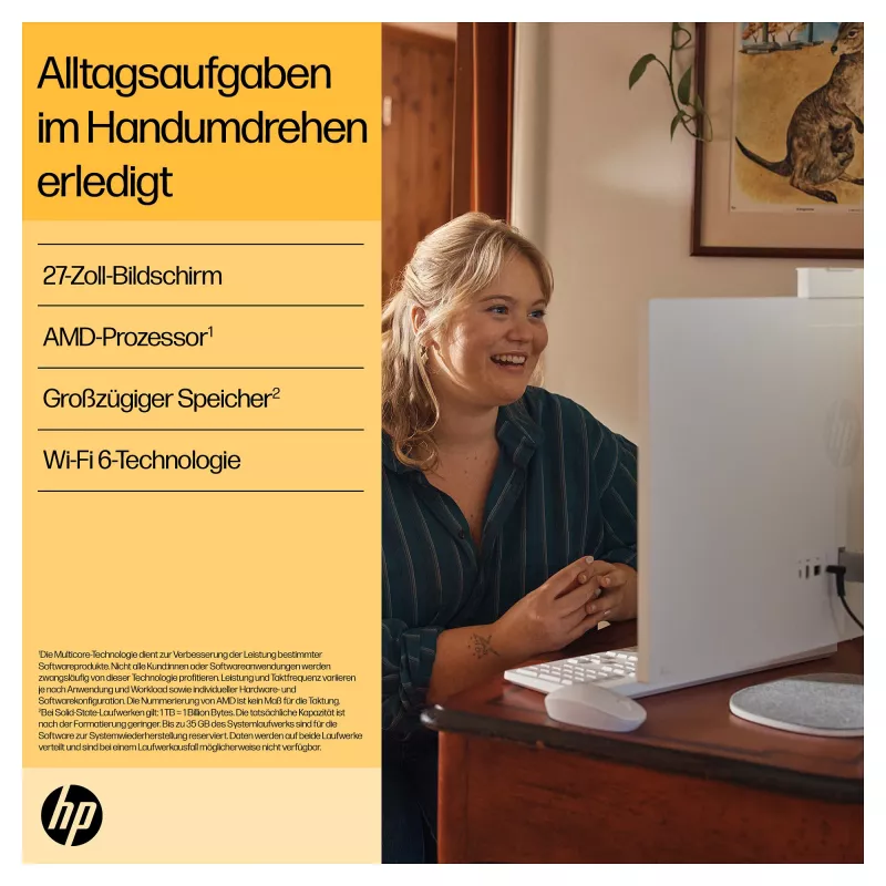 HP 27-cr0471ng - Viskas viename (Pilnas sprendimas) - Ryzen 7 7730U - RAM 16 GB - SSD 512 GB - NVMe - Radeon Graphics - 1GbE, Wi-Fi 6, Bluetooth - WLAN: 802.11a/b/g/n/ac/ax, Bluetooth