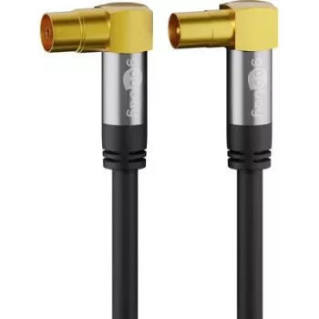 Goobay TV antenos kabelis (135 dB tipas), 4 kartus ekranuotas, 2 m, juodas – auksu dengtas, bendraašis lizdas 90° > bendraašis kištukas 90° (70461)