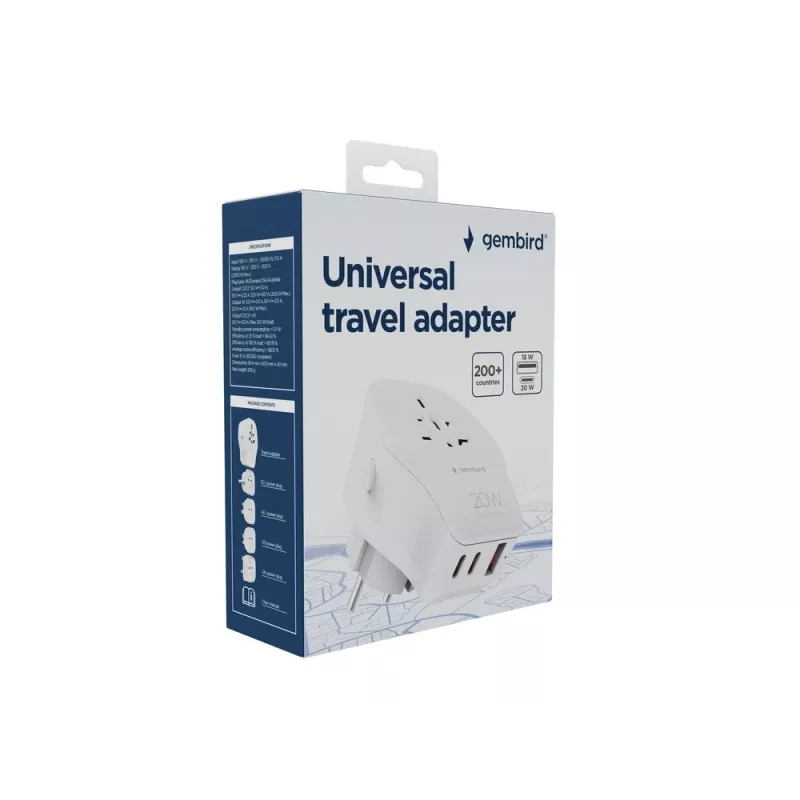 Sieninis kelioninis adapteris GEMBIRD TPA-1A2C20-02-W 20W — 1×USB-A + 2×USB-C, Type G kištukas, 100–250V, baltas