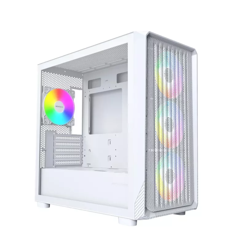 PC korpusas Montech X5M (W) Micro Tower, baltas — Micro-ATX/Mini-ITX, palaiko ATX PSU, 3x120mm priekyje, 1x120mm gale, 2x3.5 colio nišos, 4x2.5 colio nišos