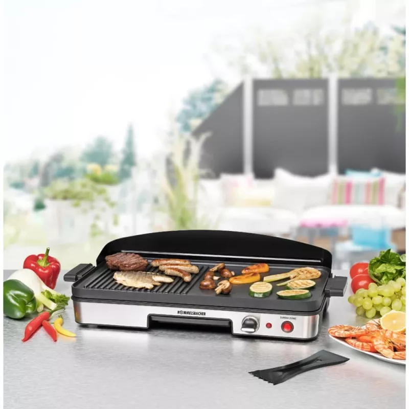 Elektrinis stalo grilis Rommelsbacher BBQ 2003 — 1900 W, 50×25 cm, briaunotas + Teppanyaki, reguliuojamas termostatas, sidabrinė/juoda