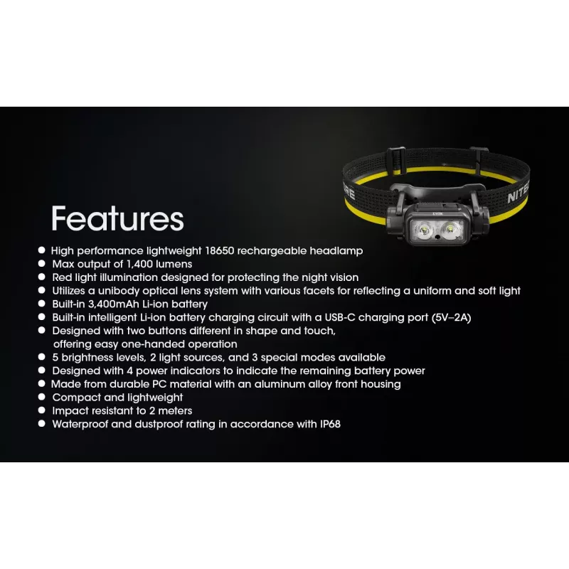 Nitecore NU43 1400 liumenų kompaktiškas lengvas priekinis žibintuvėlis