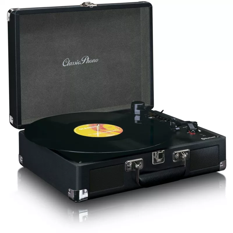 Pavarų diržu varomas patefonas Lenco TT-115 Black — nešiojamas lagamininis grotuvas, Bluetooth 5.0, USB įrašymas, 33/45/78 aps./min.