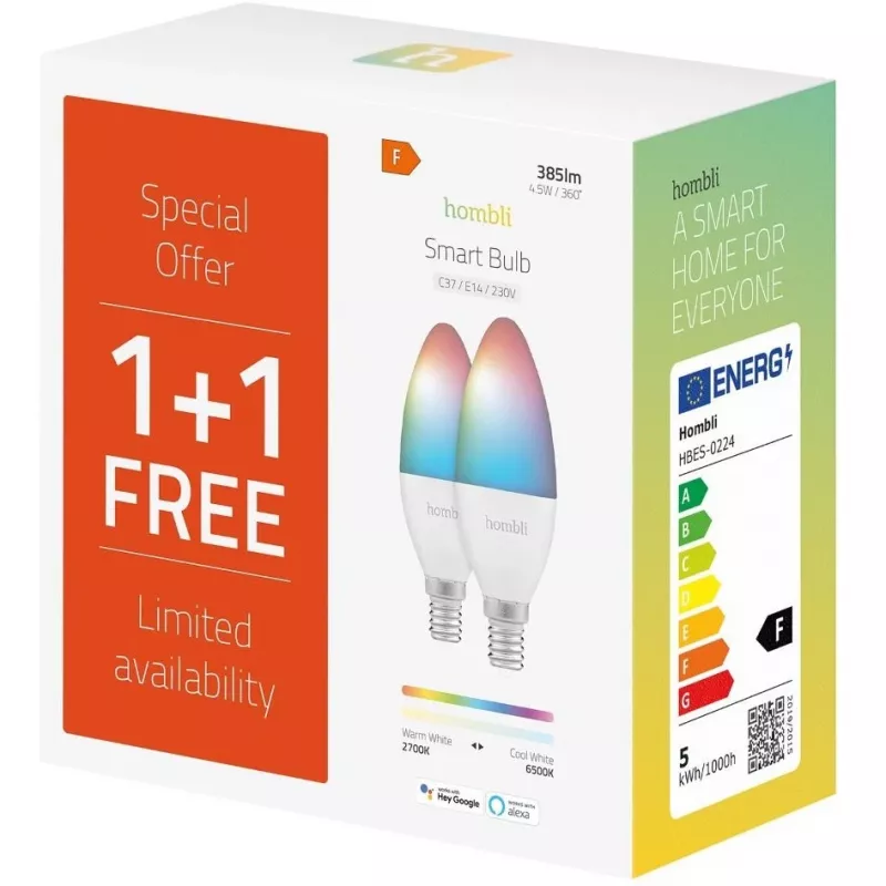 Hombli smarte lemputė, 4,5 W, E14, RGB, CCT, 1+1 reklaminis rinkinys