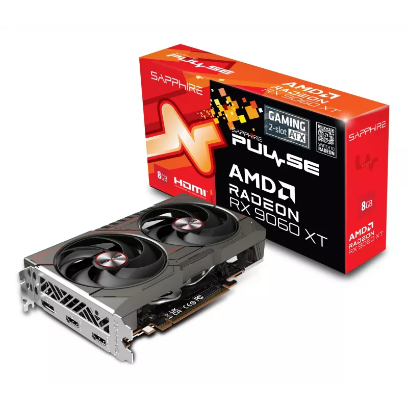 Vaizdo plokštė Sapphire Radeon RX 9060 XT — 8 GB GDDR6, 128 bitų, PCIe x16 5.0, dviejų ventiliatorių aušinimas