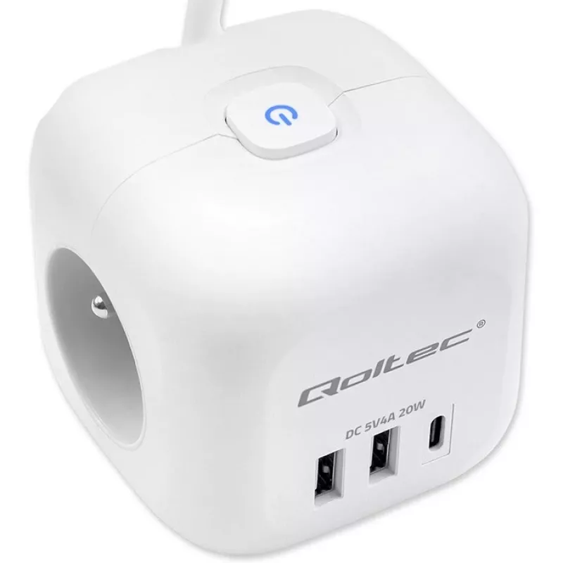 Maitinimo kubas QOLTEC 52547 – maitinimo šakotuvas su 3× AC lizdais, 2× USB-A, 1× USB-C PD 20W