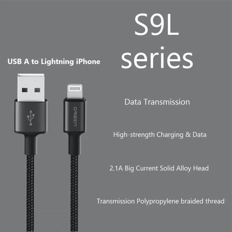 USB-A į Lightning laidas Orsen S9L 1 m 2,1 A — juodas