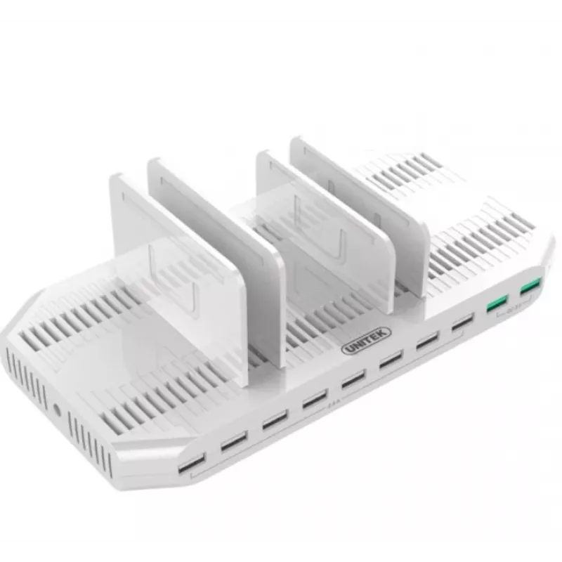 Įkrovimo stotelė Unitek Y-2190A — 10× USB prievadų (8×USB2.0 + 2×USB3.2 Gen1), belaidis įkrovimas, 96W bendra galia