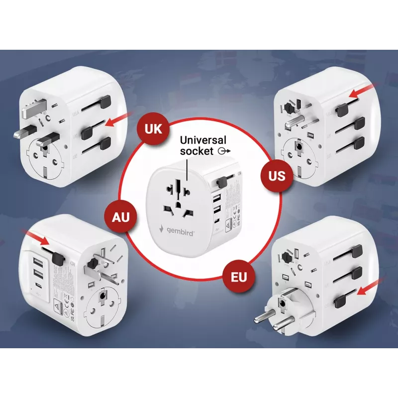 Keliautojo adapteris GEMBIRD TPA-EU2A1C15-01-W — 15 W, E tipo kištukas, 2× USB-A + 1× USB-C, 100–250 V