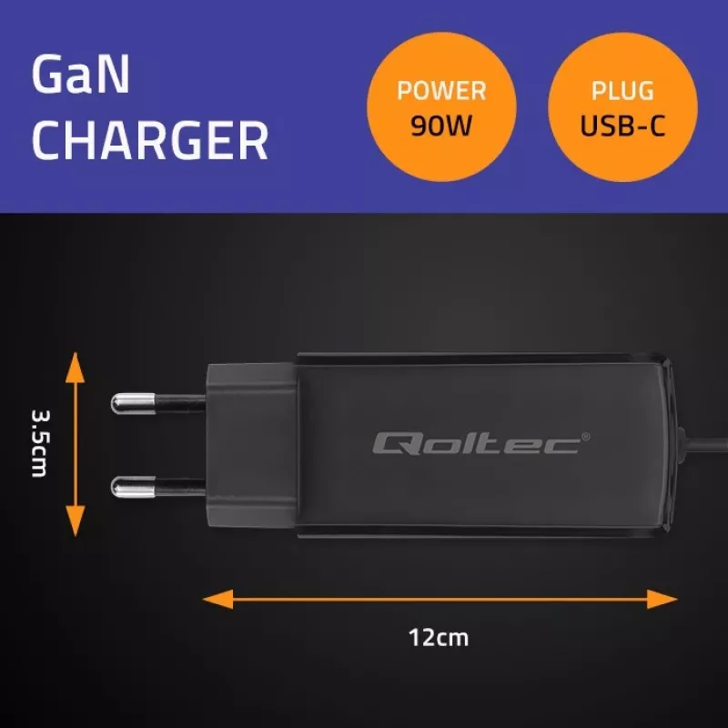 GaN 90W įkroviklis QOLTEC 52420 USB-C PD 5–20V 3A/4,5A išėjimas, 220–240V įėjimas, 1,8 m laidas, juodas