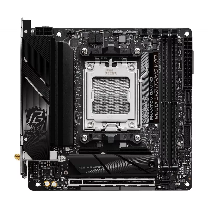 Mini-ITX pagrindinė plokštė ASRock B650I Lightning WiFi — AMD B650, Socket AM5, DDR5, 2 DIMM (iki 96 GB), Wi‑Fi 6E, 2.5Gb LAN