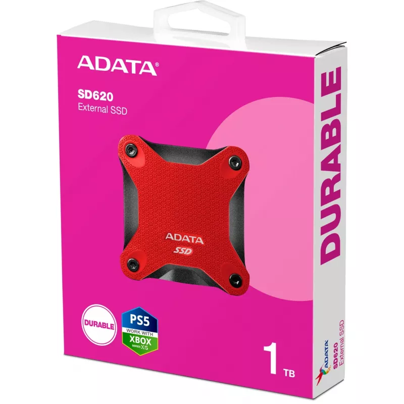 Išorinis SSD ADATA SD620 1 TB, nešiojamas USB 3.2 Gen 2 (Micro-USB B), skaitymo greitis 520 MB/s, rašymo greitis 460 MB/s, atsparus smūgiams, raudonas