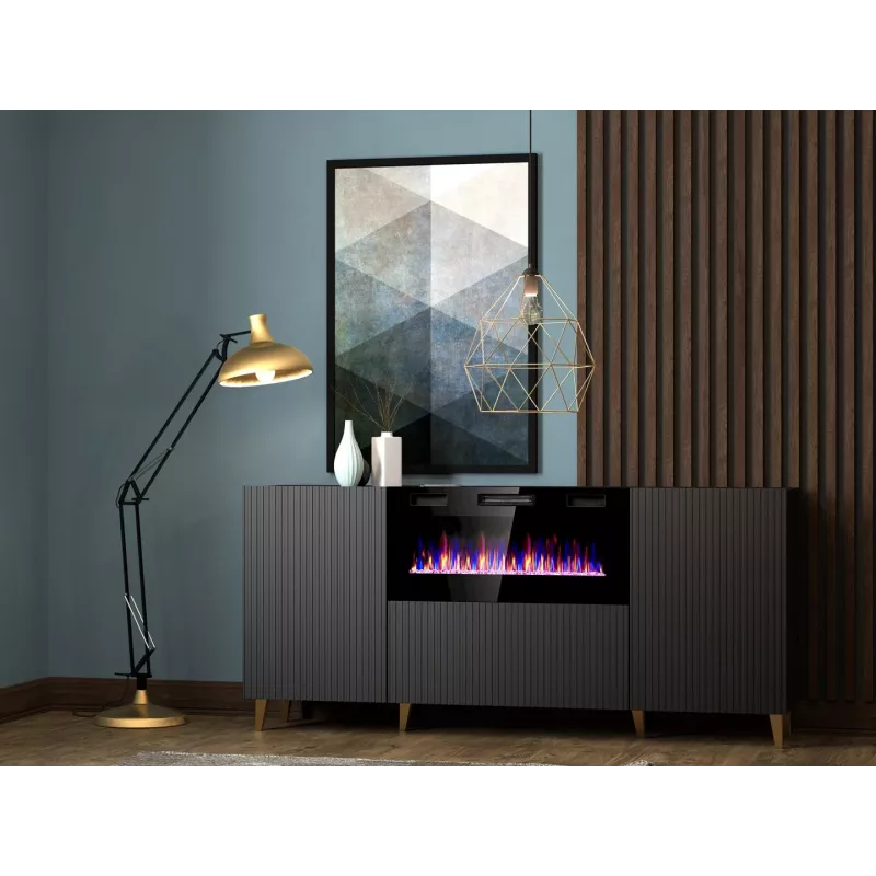 Komoda su elektriniu židiniu Cama Meble PAFOS 180x42x82 cm matinė juoda, 3 durys, 2 lentynos, 1400–1600 W