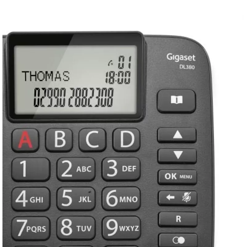 Belaidis telefonas Gigaset DL380 juodas su DECT technologija ir ilgu baterijos veikimo laiku