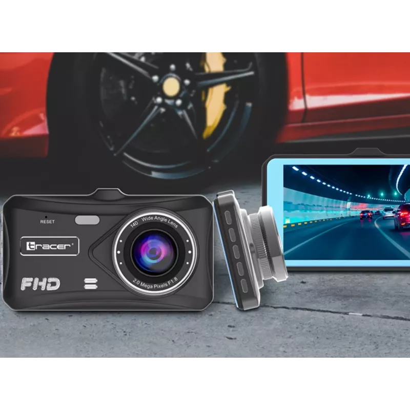 Vaizdo registratorius TRACER 4TS Full HD dviejų kanalų prietaisų skydelio kamera, 2 MP pagrindinė, 0,4 MP salono, 140°/60° kampai, 4 colių IPS ekranas, 150 mAh baterija, aliuminio korpusas, stovėjimo pagalba