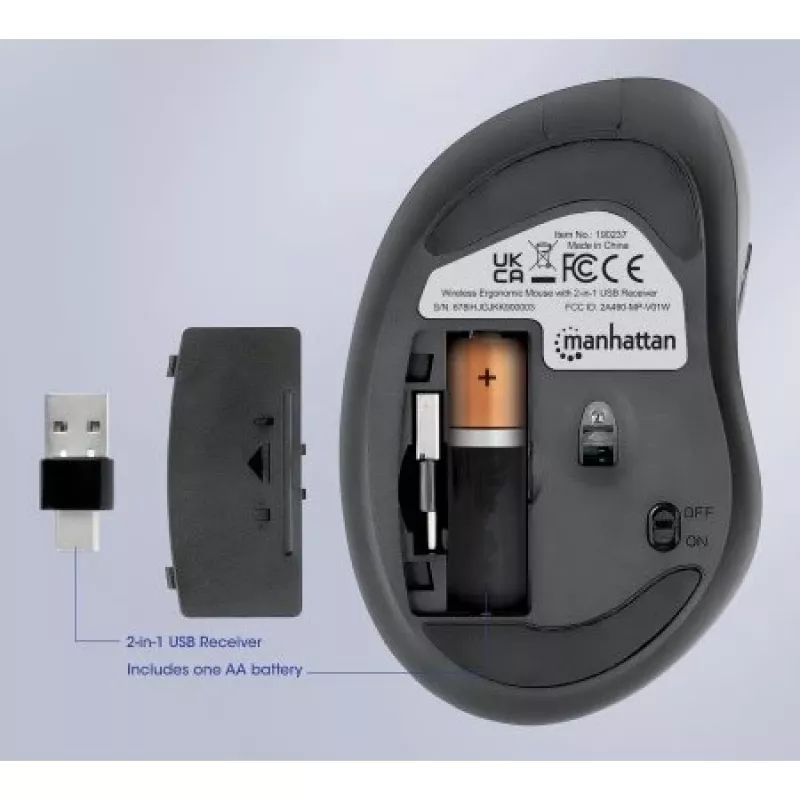 „Manhattan“ ergonominė belaidė pelė, dešiniarankiams, reguliuojama 800/1200/1600 dpi, 2,4 GHz (iki 10 m), šeši mygtukai su slinkties ratuku, kombinuotas USB-A ir USB-C imtuvas, juoda, AA baterija (pridedama), trejų metų garantija