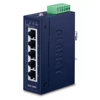 Tinklo komutatorius PLANET ISW-500T, nevaldomas 5 prievadų Fast Ethernet (10/100), 12–48V, mėlynas