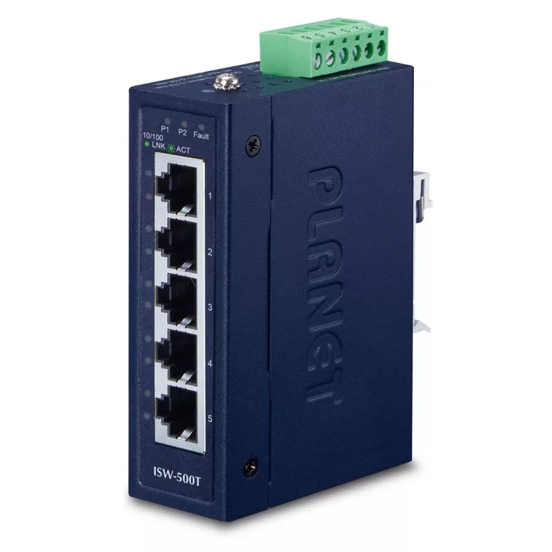 Tinklo komutatorius PLANET ISW-500T, nevaldomas 5 prievadų Fast Ethernet (10/100), 12–48V, mėlynas