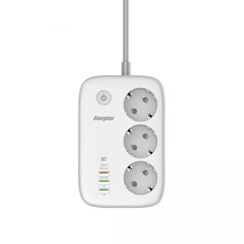 Maitinimo ilgintuvas Energizer EPB2500W02EU — 3 kintamosios srovės lizdai, 2 m laidas, 2500 W, vidaus, baltas