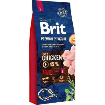 Sausas šunų maistas Brit Premium by Nature ADULT L 15 kg — Vištiena, Didelės veislės, Baltymai 27 %, Riebalai 14 %