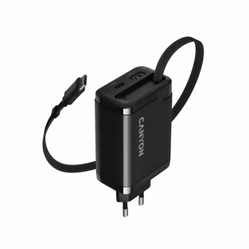 Įkroviklis CANYON OnCharge 65RC su integruotu USB-C laidu, 65W, 1x PD, 1x QC, ES kištukas, juodas