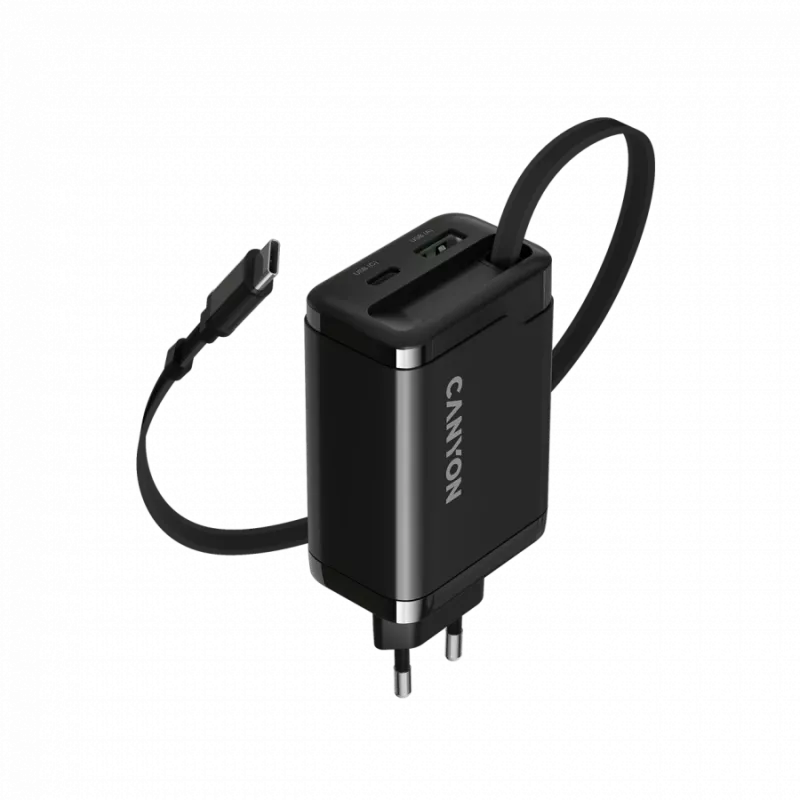 Įkroviklis CANYON OnCharge 65RC su integruotu USB-C laidu, 65W, 1x PD, 1x QC, ES kištukas, juodas