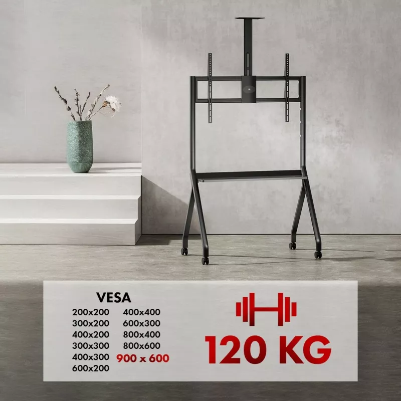 TV stovas MACLEAN MC-114 B nešiojamas grindų stovas 55–100 colių ekranams, maks. apkrova 120 kg, VESA 200x200–900x600, aukštis 115–152 cm, juodas, lentyna