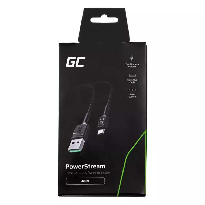 USB 2.0 laidas Green Cell KABGC23, USB A – Micro-USB B, 0,3 m, juodas