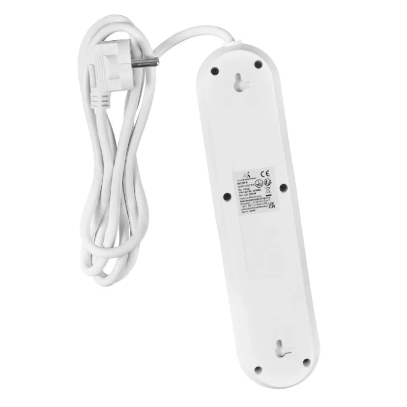Maitinimo šakotuvas MACLEAN MCE394W — 3 lizdai, 3×USB 2,1A, 110–240V AC, 2500W, 1,5 m laidas, baltas