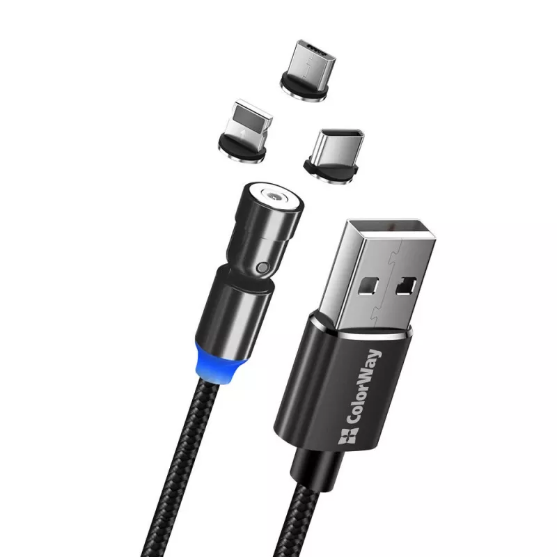 3-in-1 įkrovimo laidas ColorWay CW-CBUU037-BK — Lightning, Micro‑USB, USB‑C, 1 m, 2.4 A