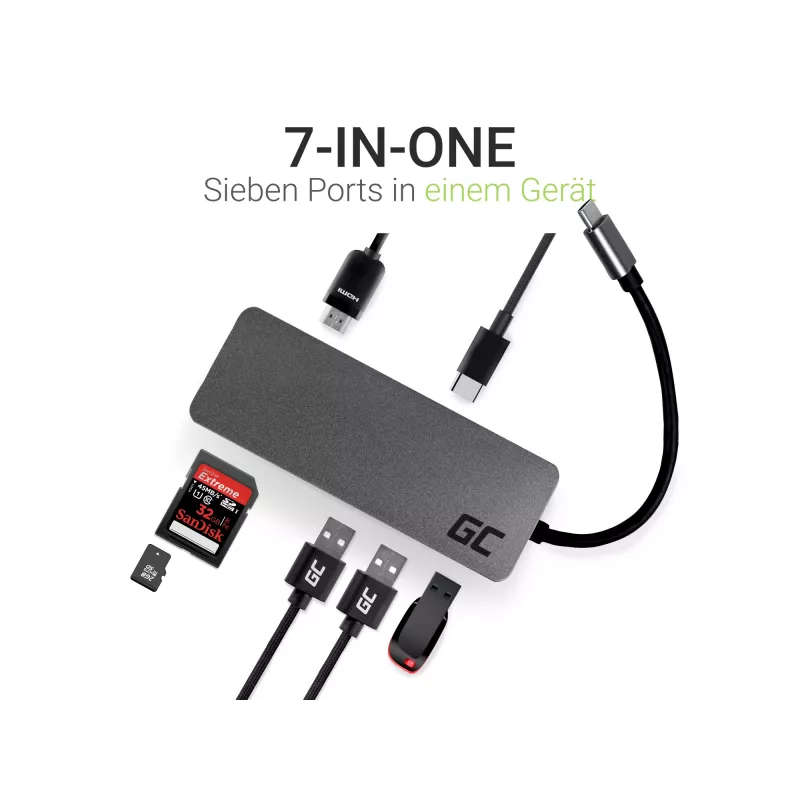 Green Cell AK50 - USB 3.2 Gen 1 (3.1 Gen 1) Type-C - USB 2.0 - USB 3.2 Gen 1 (3.1 Gen 1) Type-A - USB 3.2 Gen 1 (3.1 Gen 1) Type-C - MicroSD (TransFlash) - SD - Sidabrinė - Apple MacB