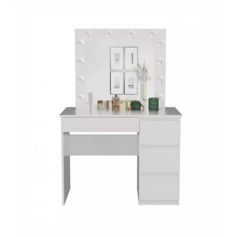 Tualetinio staliuko komplektas MIJAS, dešiniarankis, top e shop — stalas 98×76×51 cm, 4 stalčiai, LED veidrodis, baltas, aukštis 1460 mm