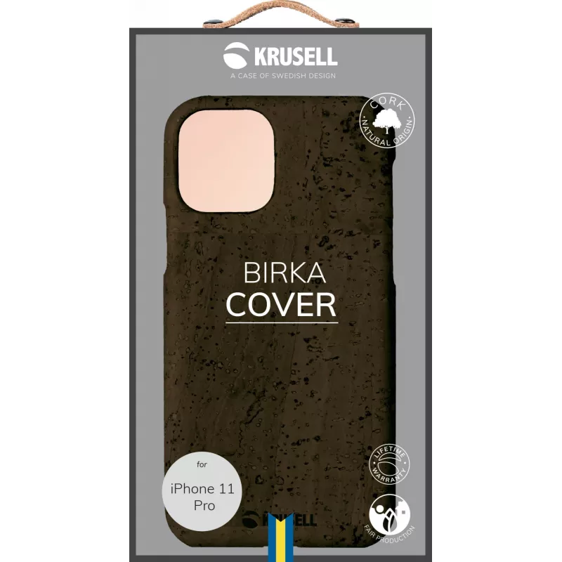Telefono dėklas Krusell Birka, skirtas Apple iPhone 11 Pro, tamsiai rudos odos stiliaus dėklas