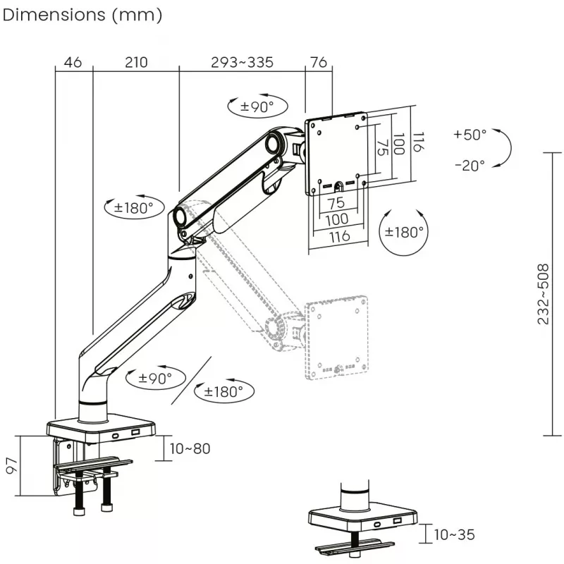 Monitoriaus laikiklis DIGITUS Single, spaustukas, iki 49 colių (124,5 cm), 20 kg, VESA 75x75–100x100, pasvirimas -20° iki 50°, aukščio reguliavimas, juodas