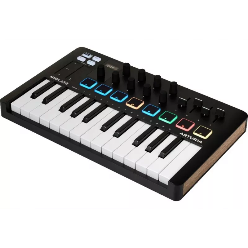 MIDI valdiklis ARTURIA MiniLab 3 — 25 klavišų kompaktiška USB MIDI klaviatūra su MIDI Out, įvairiaspalviais foniniais apšvietimais