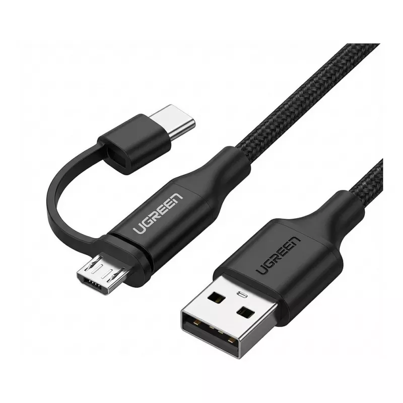 USB-A į Micro USB ir USB-C laidas UGREEN 1 m juodas — dviejų jungčių įkrovimo ir duomenų laidas