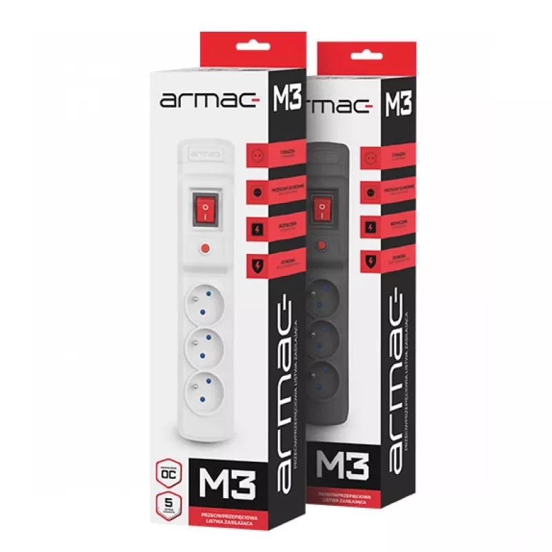 ARMAC Multi M3 maitinimo lizdas su 3 lizdais ir 5 m laidu, pilkas