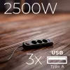 Maitinimo lizdų blokas MACLEAN MCE394 B — 3 lizdai + 3×USB A, 110–240V, 2,1A USB, 2500W, 1,5 m laidas, juodas