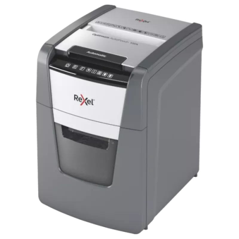 Popieriaus smulkintuvas REXEL Optimum AutoFeed+ 100X — 100 lapų automatinis padavimas, 4 x 28 mm kryžminis pjovimas, 34 L dėžė, aliuminis