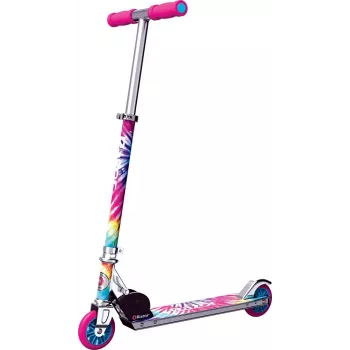Vaikiškas paspirtukas Razor A Tie-Dye — aliuminis sulankstomas 2 ratų paspirtukas, reguliuojama vairo kolonėlė, ABEC-5, maksimali apkrova 65 kg