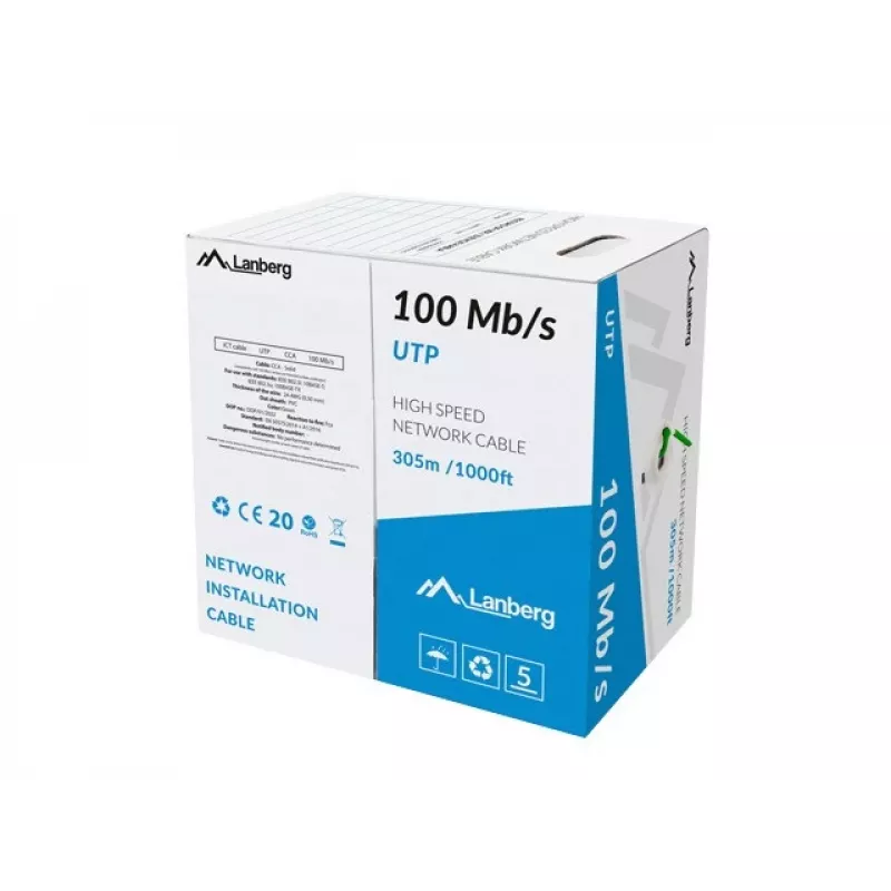 Tinklo kabelis LANBERG LCU5-10CC-0305-G U/UTP Cat5e 305 m žalias, 24 AWG, CCA, PVC apvalkalas