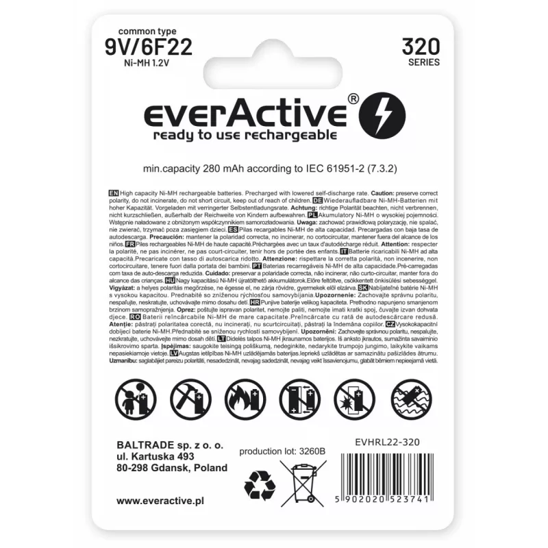 Įkraunama baterija everActive EVHRL22-320 9V NiMH prizminė 8,4 V, 55 g, 48,5 mm
