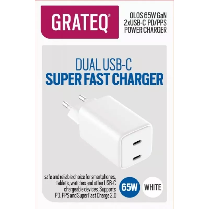 Kroviklis GRATEQ OLOS PD/PPS 2xUSB-C 65W greito įkrovimo maitinimo adapteris 35W