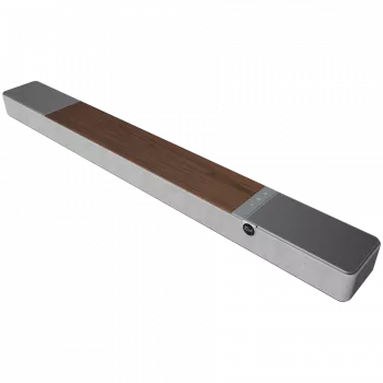 Garso juostos garsiakalbis KLIPSCH 1073541 — 3.1.2 kanalai, 100 W RMS, įmontuotas žemų dažnių garsiakalbis, pilka/riešutmedžio spalva