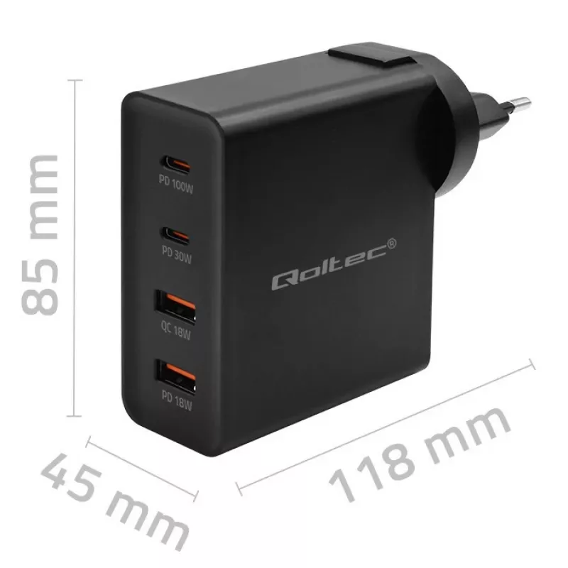Qoltec GaN POWER PRO Charger | 2xUSB-C | 2xUSB | 130W | 5-20V | 1.5-5A | XP | Juoda