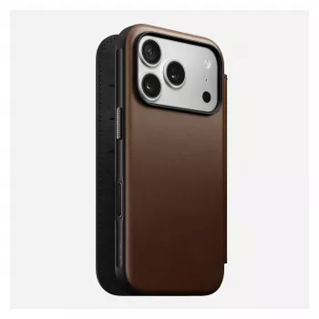 Odinis aplanko tipo telefono dėklas Nomad Modern Leather Folio, skirtas iPhone 17 Pro — rudas, tinka 6,3 colio (16 cm) ekranui, 4 kortelių kišenės