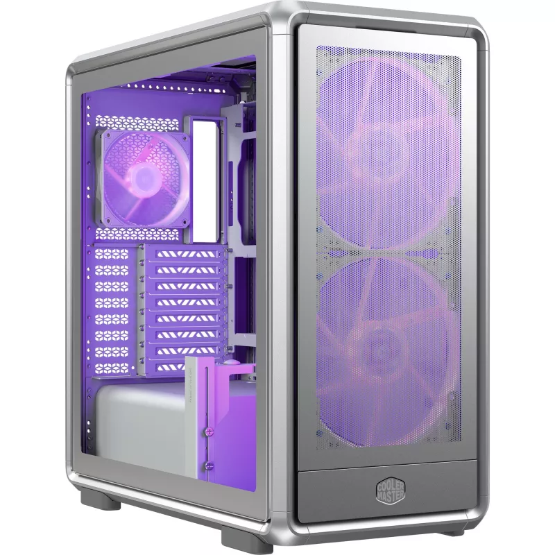 PC Midi Tower Cooler Master MasterFrame 600 Mesh Sidabrinė — palaiko ATX/EATX, priekyje 2×200mm, 2,5 col./3,5 col. diskai
