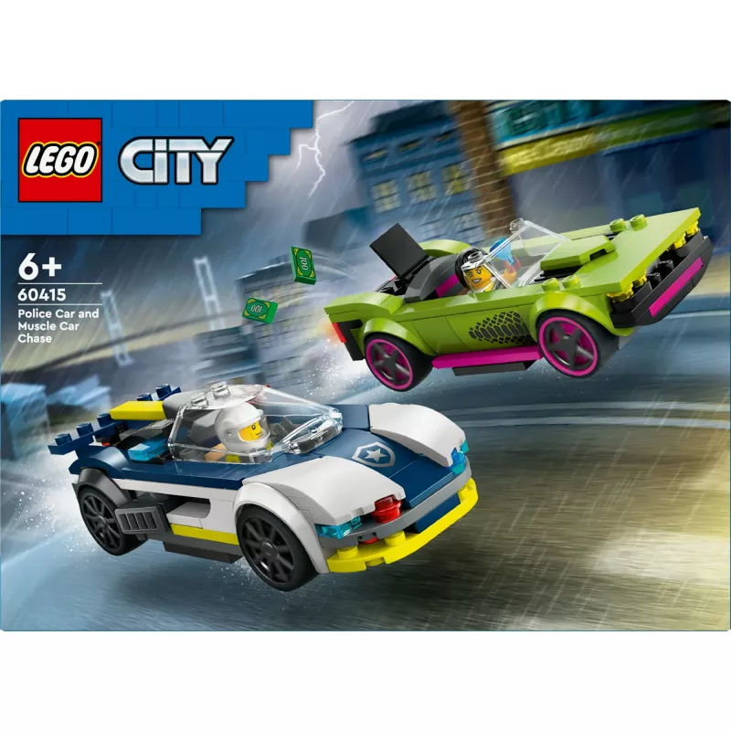 LEGO City rinkinys 60415 Policijos automobilio ir sportinio automobilio gaudynės — 213 dalių, 2 minifigūrėlės, amžius 6+
