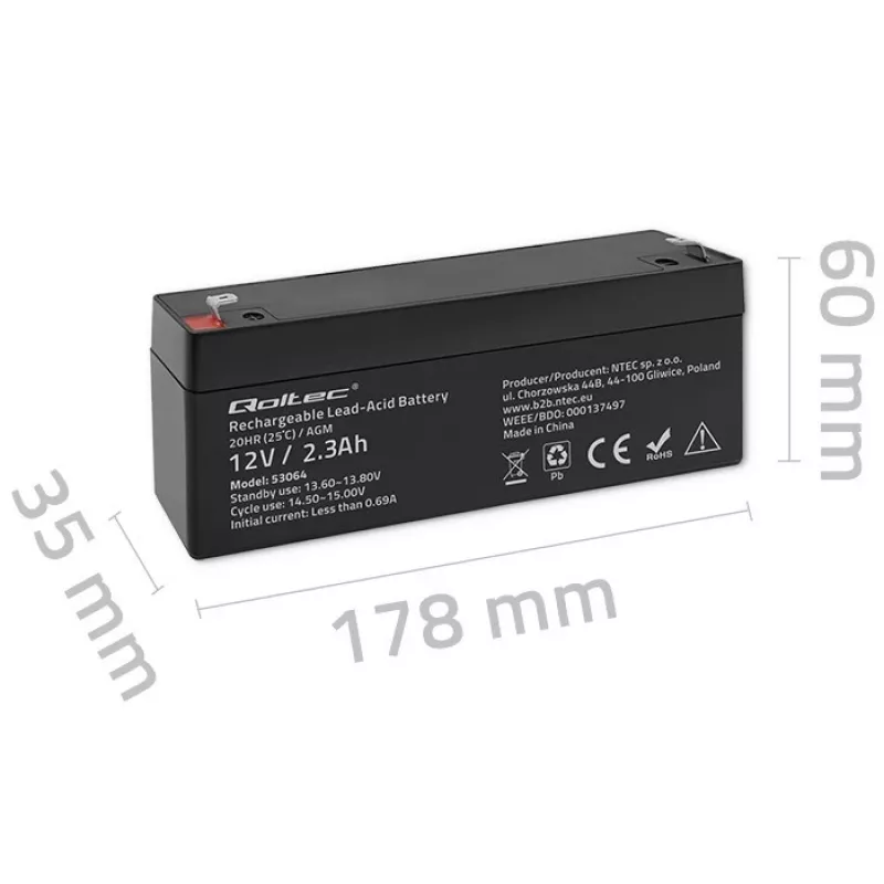 Sandari AGM baterija QOLTEC 12V 2.3Ah UPS ir atsarginėms sistemoms, maks. iškrova 34.5A
